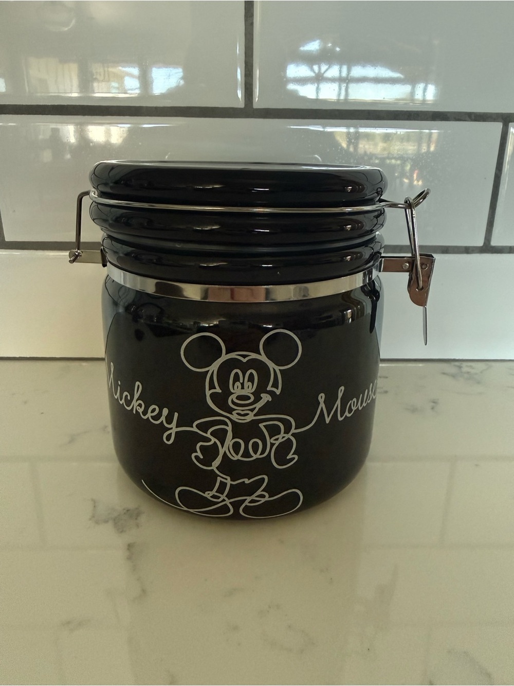 Brand New Disney Mickey Mouse Black Hinge Jar - Linear Style, 2 Cup Capacity